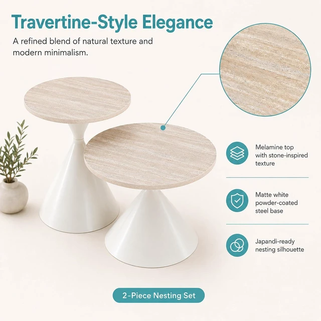 Alt view image 6 of 7 - Modern Nesting Coffee Table Set of 2, Round Center Table and Side Table,White