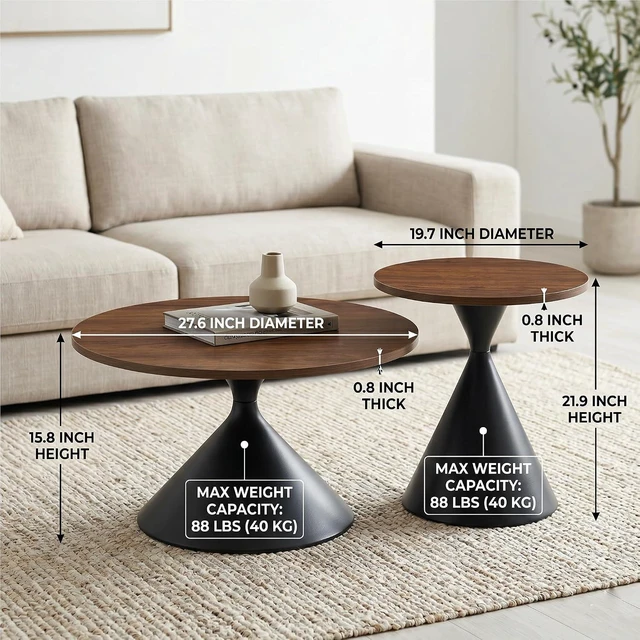 Alt view image 2 of 7 - Modern Nesting Coffee Table Set of 2, Round Center Table and Side Table, Black,Walnut