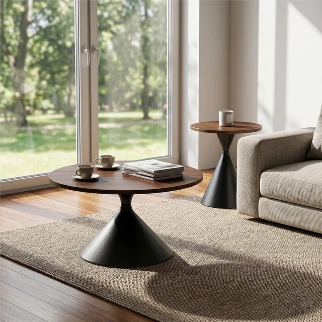 Alt view image 3 of 7 - Modern Nesting Coffee Table Set of 2, Round Center Table and Side Table, Black,Walnut