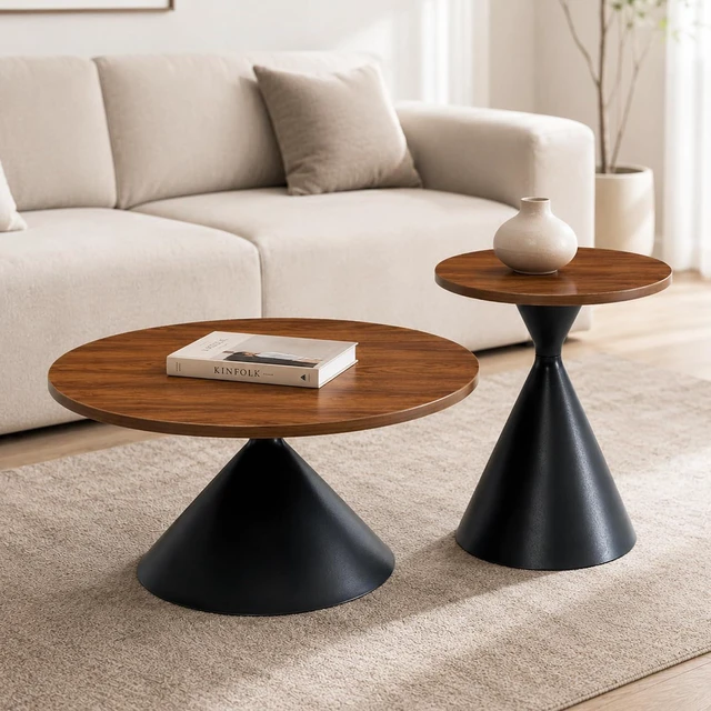 Main image of Modern Nesting Coffee Table Set of 2, Round Center Table and Side Table, Black,Walnut