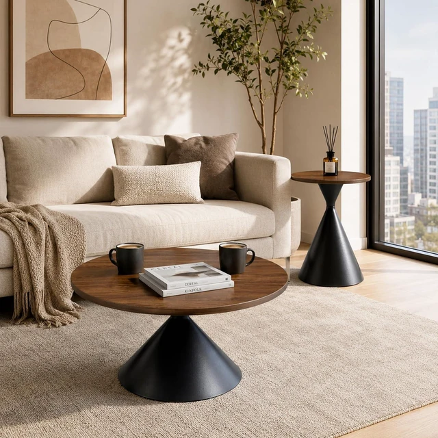 Alt view image 4 of 7 - Modern Nesting Coffee Table Set of 2, Round Center Table and Side Table, Black,Walnut