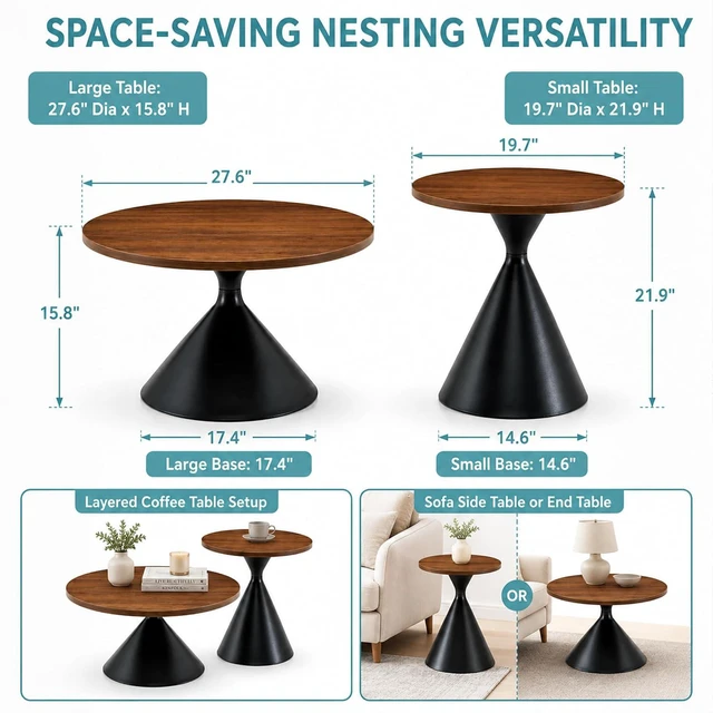 Alt view image 6 of 7 - Modern Nesting Coffee Table Set of 2, Round Center Table and Side Table, Black,Walnut