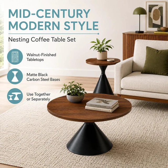 Alt view image 5 of 7 - Modern Nesting Coffee Table Set of 2, Round Center Table and Side Table, Black,Walnut