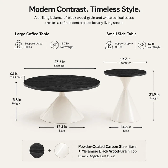 Alt view image 2 of 7 - Modern Nesting Coffee Table Set of 2, Round Center Table and Side Table,Black,White