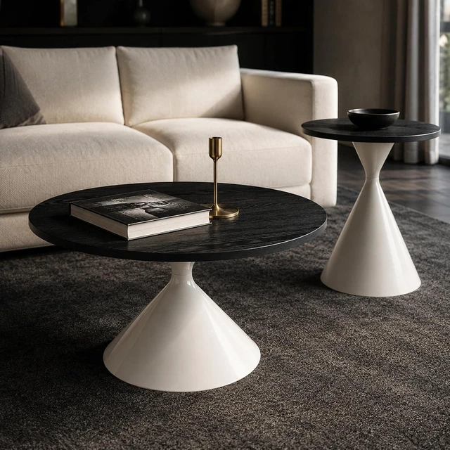 Alt view image 3 of 7 - Modern Nesting Coffee Table Set of 2, Round Center Table and Side Table,Black,White