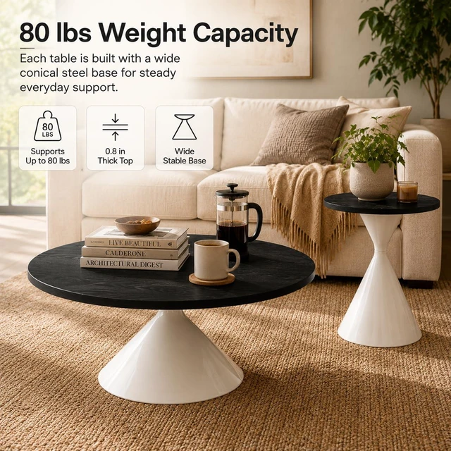 Alt view image 6 of 7 - Modern Nesting Coffee Table Set of 2, Round Center Table and Side Table,Black,White