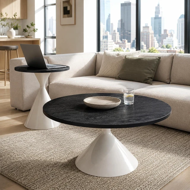 Alt view image 4 of 7 - Modern Nesting Coffee Table Set of 2, Round Center Table and Side Table,Black,White