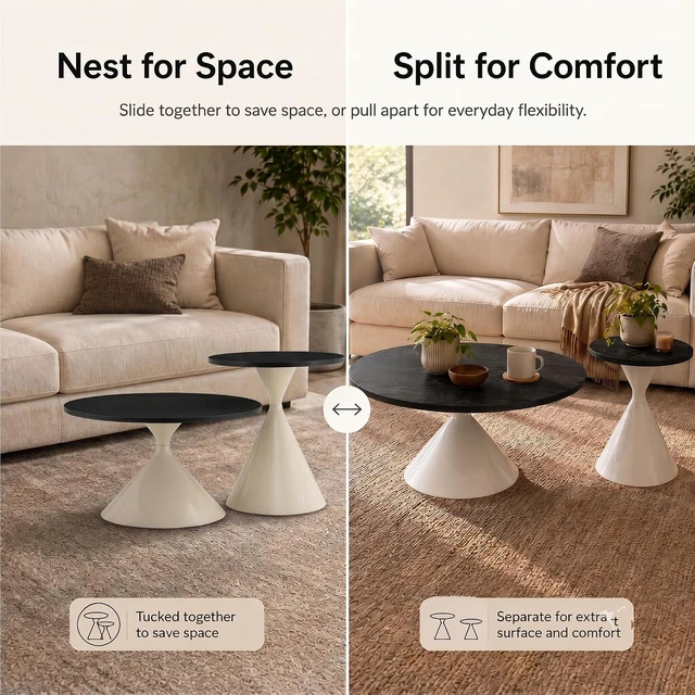 Alt view image 5 of 7 - Modern Nesting Coffee Table Set of 2, Round Center Table and Side Table,Black,White