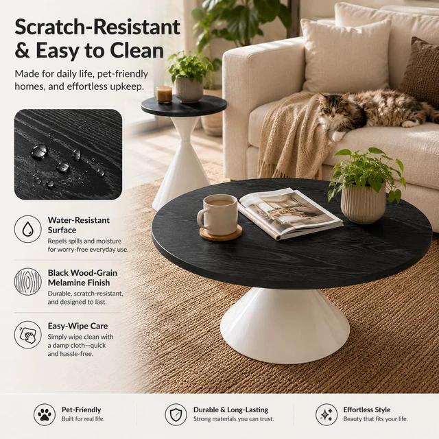 Alt view image 7 of 7 - Modern Nesting Coffee Table Set of 2, Round Center Table and Side Table,Black,White