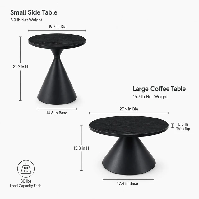Alt view image 2 of 7 - Modern Nesting Coffee Table Set of 2, Round Center Table and Side Table,Black