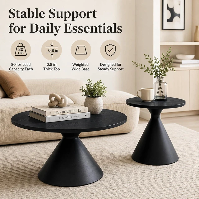 Alt view image 5 of 7 - Modern Nesting Coffee Table Set of 2, Round Center Table and Side Table,Black