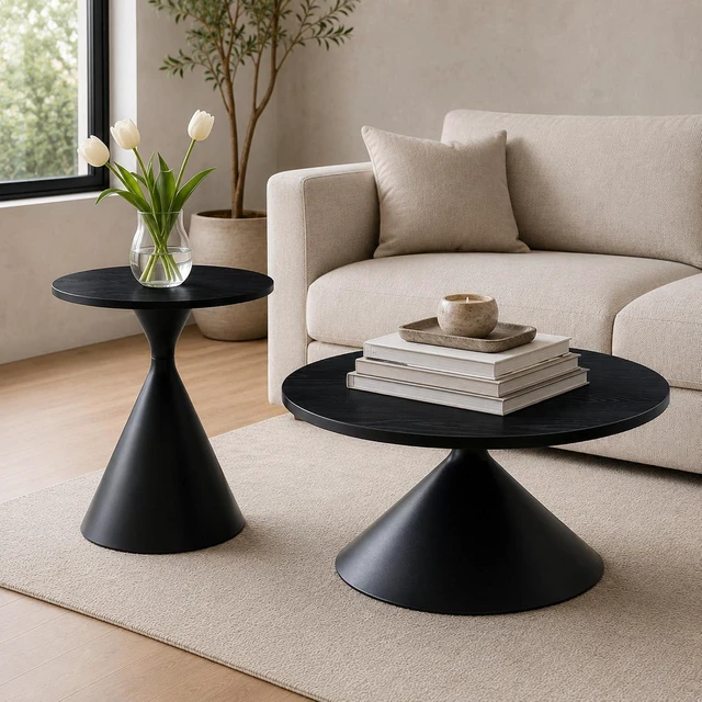 Alt view image 4 of 7 - Modern Nesting Coffee Table Set of 2, Round Center Table and Side Table,Black