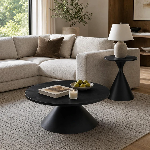 Alt view image 3 of 7 - Modern Nesting Coffee Table Set of 2, Round Center Table and Side Table,Black