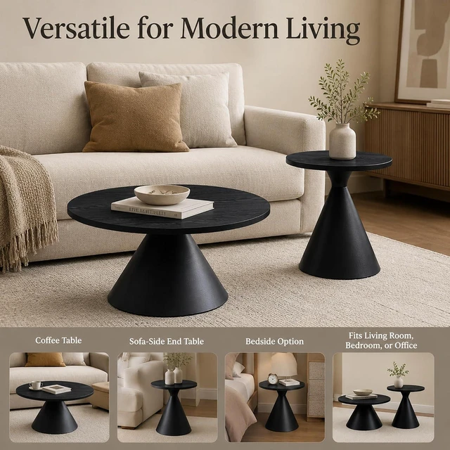 Alt view image 6 of 7 - Modern Nesting Coffee Table Set of 2, Round Center Table and Side Table,Black