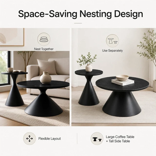 Alt view image 7 of 7 - Modern Nesting Coffee Table Set of 2, Round Center Table and Side Table,Black