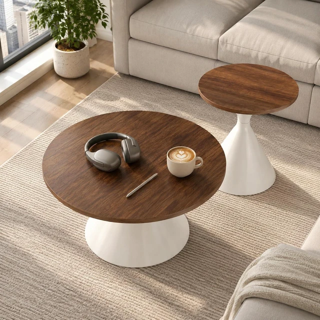 Alt view image 4 of 7 - Modern Nesting Coffee Table Set of 2, Round Center Table and Side Table,Walnut,White