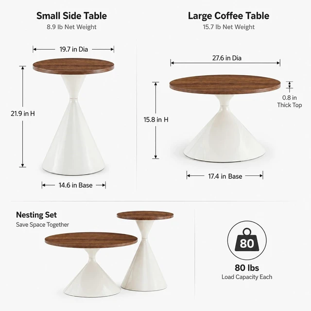 Alt view image 2 of 7 - Modern Nesting Coffee Table Set of 2, Round Center Table and Side Table,Walnut,White