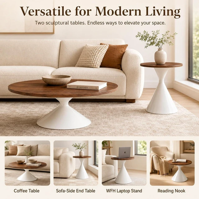 Alt view image 5 of 7 - Modern Nesting Coffee Table Set of 2, Round Center Table and Side Table,Walnut,White