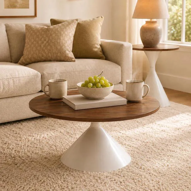 Alt view image 3 of 7 - Modern Nesting Coffee Table Set of 2, Round Center Table and Side Table,Walnut,White