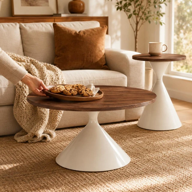 Alt view image 6 of 7 - Modern Nesting Coffee Table Set of 2, Round Center Table and Side Table,Walnut,White