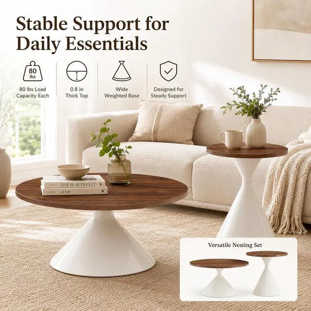 Alt view image 7 of 7 - Modern Nesting Coffee Table Set of 2, Round Center Table and Side Table,Walnut,White
