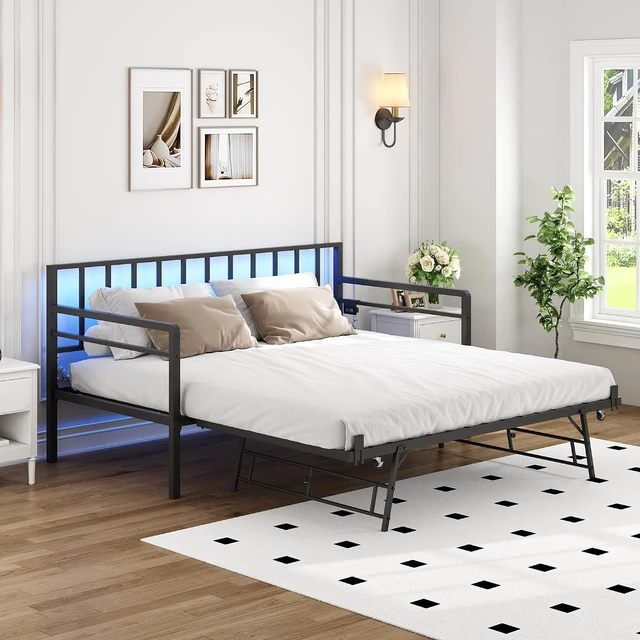 Main image of Twin Metal Daybed with Trundle and USB Charging Station & RGB LED Lights, Convertible Sofa Bed for Guest Room & Office Nap, Black