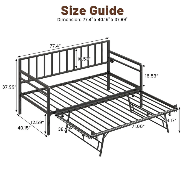 Alt view image 2 of 7 - Twin Metal Daybed with Trundle and USB Charging Station & RGB LED Lights, Convertible Sofa Bed for Guest Room & Office Nap, Black