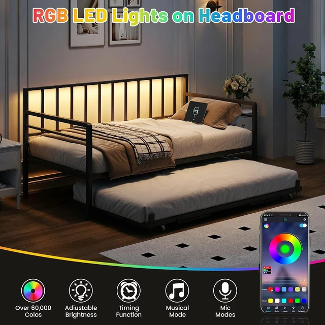 Alt view image 3 of 7 - Twin Metal Daybed with Trundle and USB Charging Station & RGB LED Lights, Convertible Sofa Bed for Guest Room & Office Nap, Black