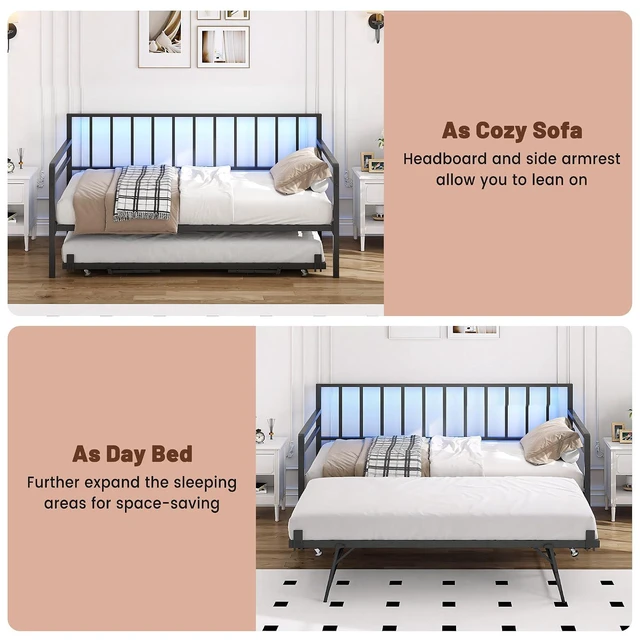 Alt view image 5 of 7 - Twin Metal Daybed with Trundle and USB Charging Station & RGB LED Lights, Convertible Sofa Bed for Guest Room & Office Nap, Black