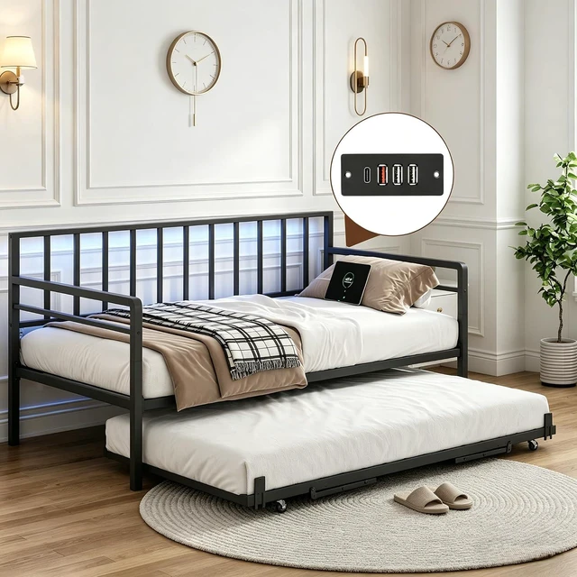 Alt view image 7 of 7 - Twin Metal Daybed with Trundle and USB Charging Station & RGB LED Lights, Convertible Sofa Bed for Guest Room & Office Nap, Black