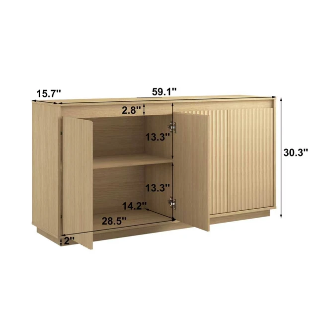Alt view image 2 of 7 - Fluted Sideboard Buffet Cabinet with Power Outlet, Modern Credenza with 4 Doors & Shelves, Wood Coffee Bar Table Console with Anti-Toppling for Kitchen Living Room,Natural