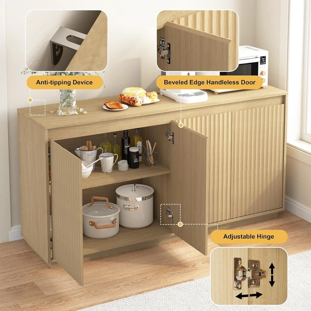 Alt view image 3 of 7 - Fluted Sideboard Buffet Cabinet with Power Outlet, Modern Credenza with 4 Doors & Shelves, Wood Coffee Bar Table Console with Anti-Toppling for Kitchen Living Room,Natural