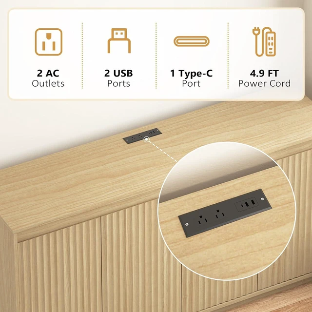 Alt view image 4 of 7 - Fluted Sideboard Buffet Cabinet with Power Outlet, Modern Credenza with 4 Doors & Shelves, Wood Coffee Bar Table Console with Anti-Toppling for Kitchen Living Room,Natural