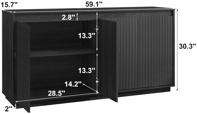 Alt view image 2 of 7 - Fluted Sideboard Buffet Cabinet with Power Outlet, Modern Credenza with 4 Doors & Shelves, Wood Coffee Bar Table Console with Anti-Toppling for Kitchen Living Room,Black