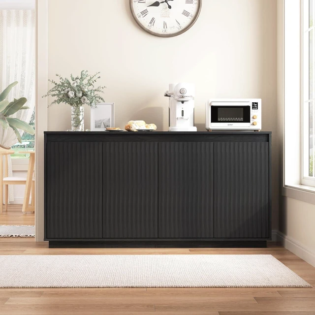 Main image of Fluted Sideboard Buffet Cabinet with Power Outlet, Modern Credenza with 4 Doors & Shelves, Wood Coffee Bar Table Console with Anti-Toppling for Kitchen Living Room,Black