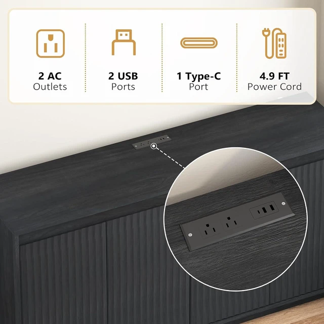 Alt view image 5 of 7 - Fluted Sideboard Buffet Cabinet with Power Outlet, Modern Credenza with 4 Doors & Shelves, Wood Coffee Bar Table Console with Anti-Toppling for Kitchen Living Room,Black