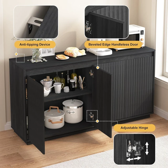 Alt view image 4 of 7 - Fluted Sideboard Buffet Cabinet with Power Outlet, Modern Credenza with 4 Doors & Shelves, Wood Coffee Bar Table Console with Anti-Toppling for Kitchen Living Room,Black