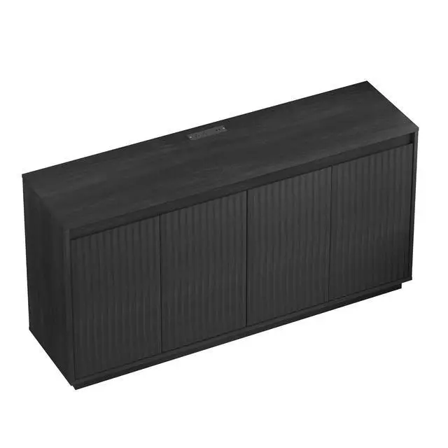 Alt view image 6 of 7 - Fluted Sideboard Buffet Cabinet with Power Outlet, Modern Credenza with 4 Doors & Shelves, Wood Coffee Bar Table Console with Anti-Toppling for Kitchen Living Room,Black
