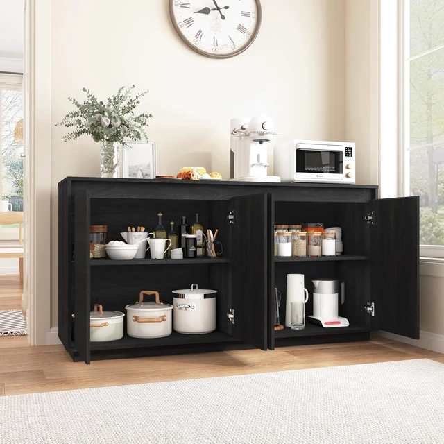 Alt view image 3 of 7 - Fluted Sideboard Buffet Cabinet with Power Outlet, Modern Credenza with 4 Doors & Shelves, Wood Coffee Bar Table Console with Anti-Toppling for Kitchen Living Room,Black