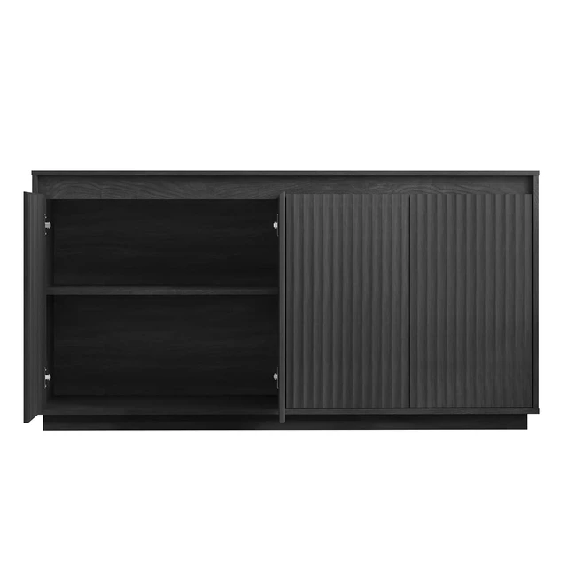 Alt view image 7 of 7 - Fluted Sideboard Buffet Cabinet with Power Outlet, Modern Credenza with 4 Doors & Shelves, Wood Coffee Bar Table Console with Anti-Toppling for Kitchen Living Room,Black