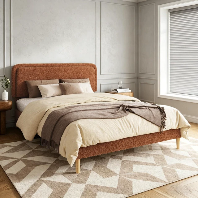 Main image of Queen Size Upholstered Platform Bed with Adjustable Headboard, Minimalist Boucle Bed Frame with Under Storage and Noise Free Wooden Slats, Weight Capacity 1000 lbs, Brown