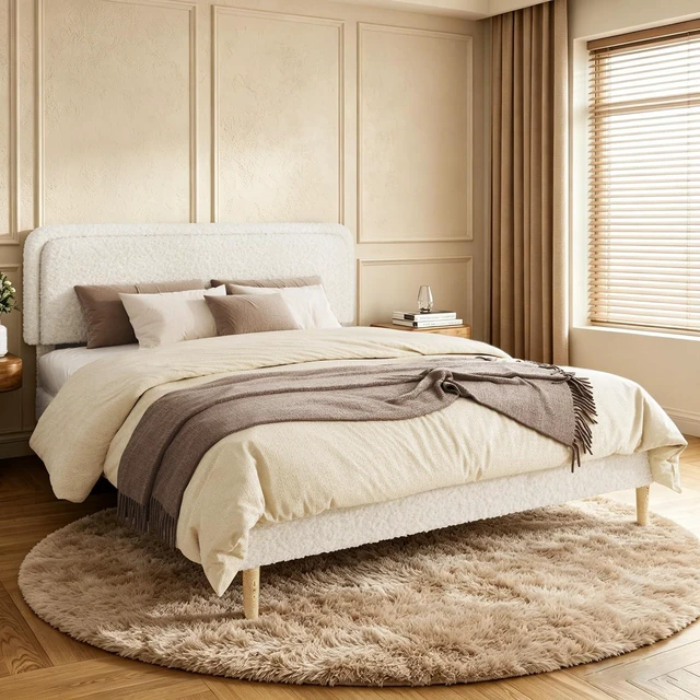 Main image of Upholstered Platform Bed with Adjustable Headboard,Heavy Duty Boucle Bed Frame with Under Storage and Noise Free Wooden Slats, Weight Capacity 1000 lbs, King, Beige