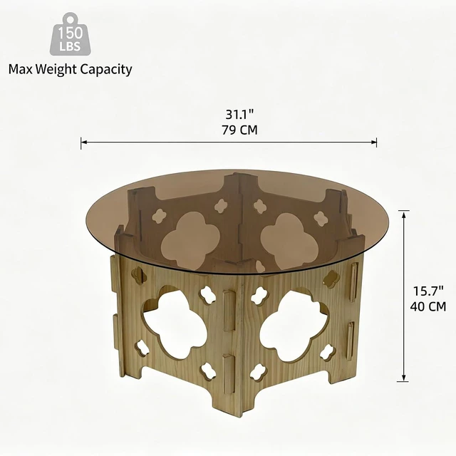 Alt view image 2 of 7 - Modern Circle Coffee Table with Glass Top, Wooden Center Table with Hollow Flower Shape Design for Living Room, Office, Natural Wood+Caramel