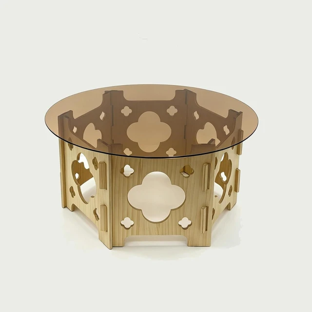 Alt view image 4 of 7 - Modern Circle Coffee Table with Glass Top, Wooden Center Table with Hollow Flower Shape Design for Living Room, Office, Natural Wood+Caramel