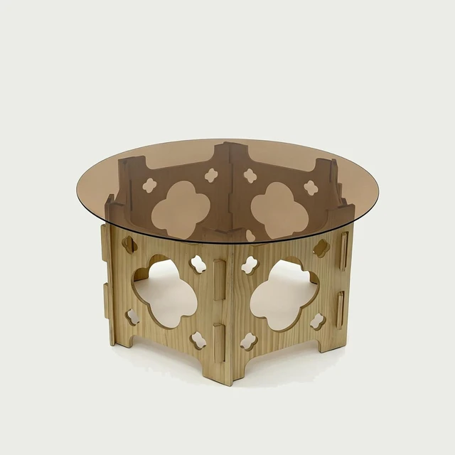Alt view image 5 of 7 - Modern Circle Coffee Table with Glass Top, Wooden Center Table with Hollow Flower Shape Design for Living Room, Office, Natural Wood+Caramel
