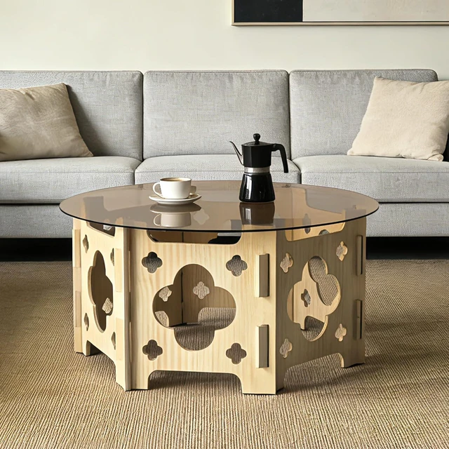 Alt view image 3 of 7 - Modern Circle Coffee Table with Glass Top, Wooden Center Table with Hollow Flower Shape Design for Living Room, Office, Natural Wood+Caramel