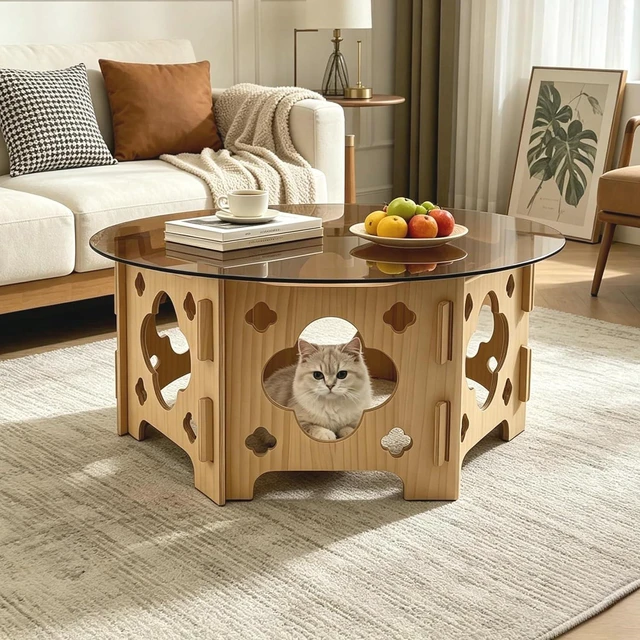 Main image of Modern Circle Coffee Table with Glass Top, Wooden Center Table with Hollow Flower Shape Design for Living Room, Office, Natural Wood+Caramel