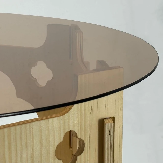 Alt view image 7 of 7 - Modern Circle Coffee Table with Glass Top, Wooden Center Table with Hollow Flower Shape Design for Living Room, Office, Natural Wood+Caramel