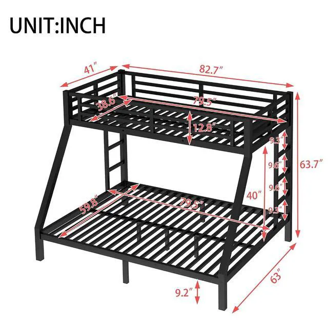 Alt view image 2 of 7 - Twin XL Over Queen Bunk Bed with Under-Bed Storage, Heavy Duty Metal Bunk Beds Frame with Full-Length Guardrail & Ladders, Heavy-Duty Bunk Bed, No Spring Box Needed, Black