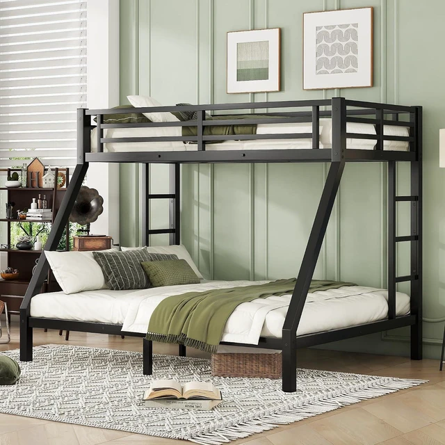 Main image of Twin XL Over Queen Bunk Bed with Under-Bed Storage, Heavy Duty Metal Bunk Beds Frame with Full-Length Guardrail & Ladders, Heavy-Duty Bunk Bed, No Spring Box Needed, Black